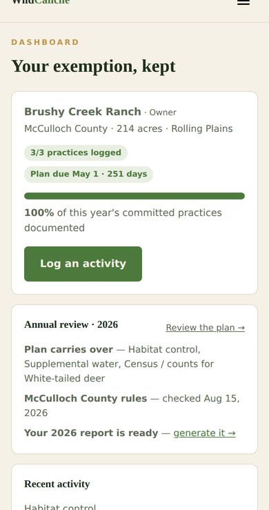WildCaliche dashboard — Brushy Creek Ranch, three of three practices logged, plan due countdown