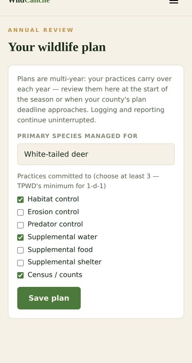 WildCaliche annual review — the filed wildlife plan and its practice requirements